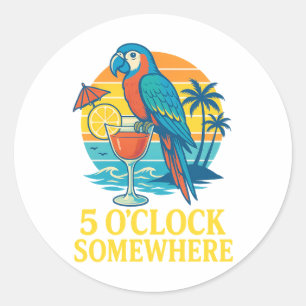 5 O'Clock Somewhere Papegaai Cocktail Zonsondergan Ronde Sticker