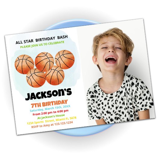 5 Oranje Basketball Birthday Uitnodigingen met fot