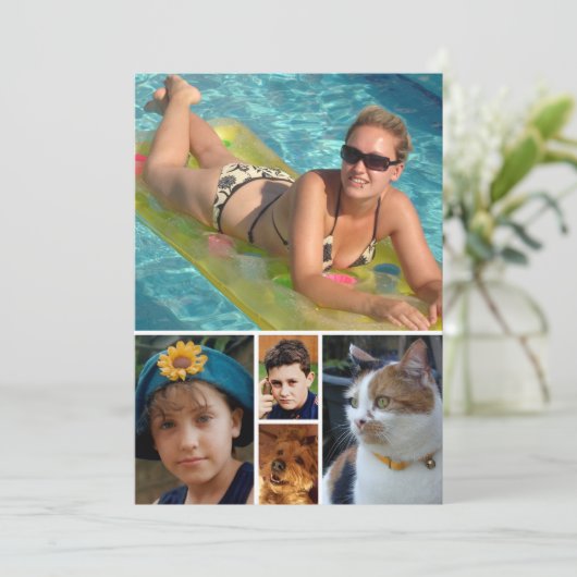 5 photo add message blue text flat note card bedankkaart (Staand voorkant)