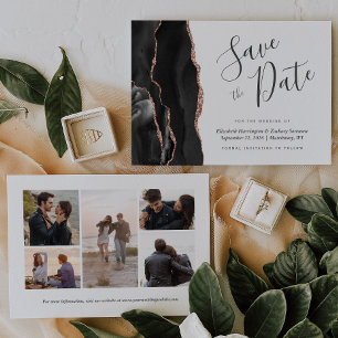 5-Photo Black Roos Gold Agate Save the Date Kaart