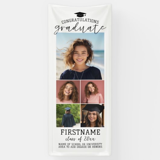 5 Photo Collage Afstuderen Modern Minimal White Spandoek (Verticaal)