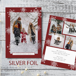 5 photo collage Merry Christmas silver snowflakes Folie Feestdagenkaart
