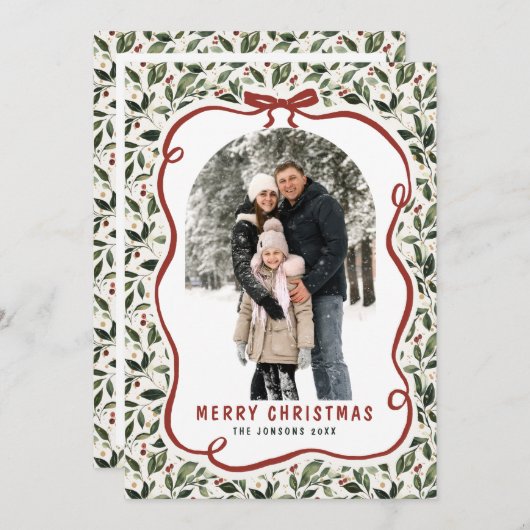 5 Photo Retro Christmas Hand Drawn Red Bow Ribbon Feestdagenkaart (Voorkant / Achterkant)