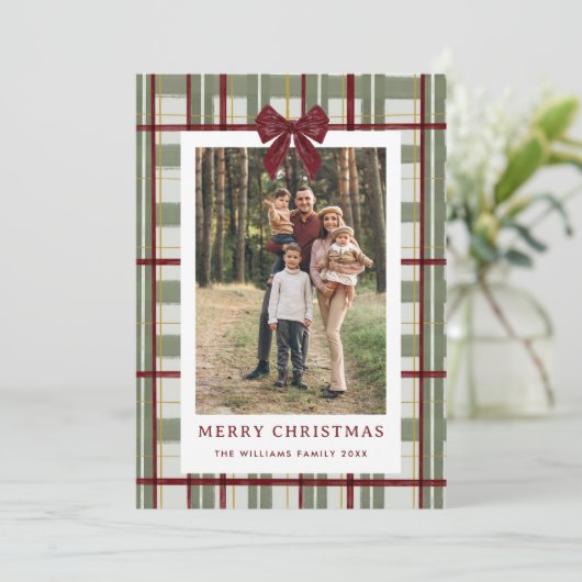 5 Photo Retro Christmas Red Bow Green Plaid Feestdagenkaart (Staand voorkant)