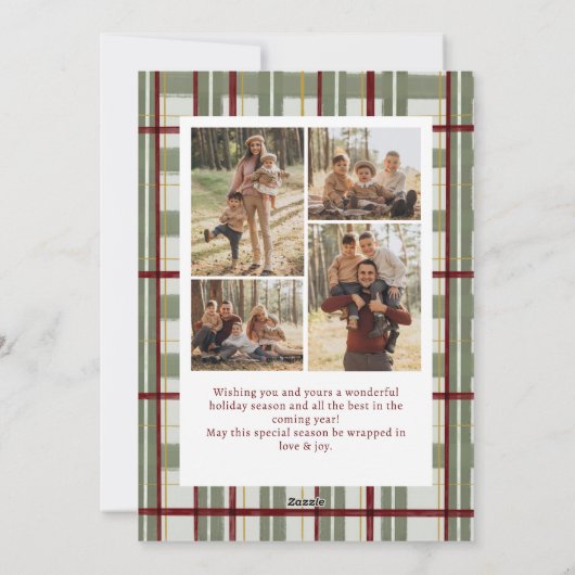 5 Photo Retro Christmas Red Bow Green Plaid Feestdagenkaart (Achterkant)