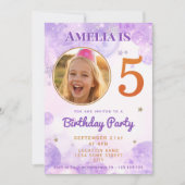 5 Purple Gold Star Bubbles 5th Birthday Invitation (Devant)