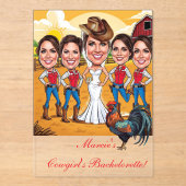 5 rustieke Cowgirl karikaturen Bachelorette Acryl Uitnodigingen (Voorkant)