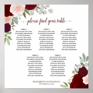 5 Tabel Rood en roze Floral Wedding Seating Chart Poster