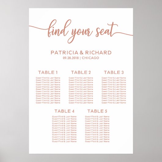 5 Tabellen Roos Gold Wedding Seding Chart Sign Poster (Voorkant)