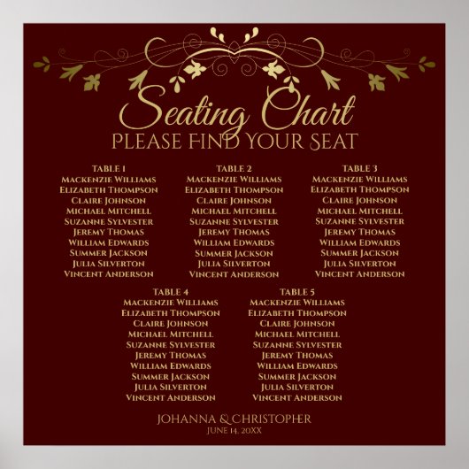 5 Table Gold & Auburn Brown Mariage Tableau de siè (Devant)
