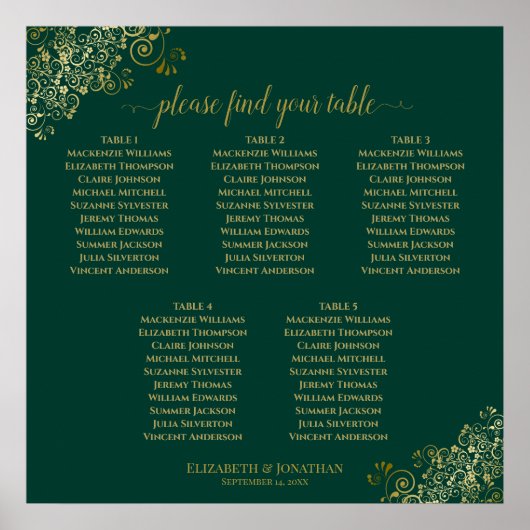 5 Tableau Emerald Green & Gold Mariage Carte de si (Devant)