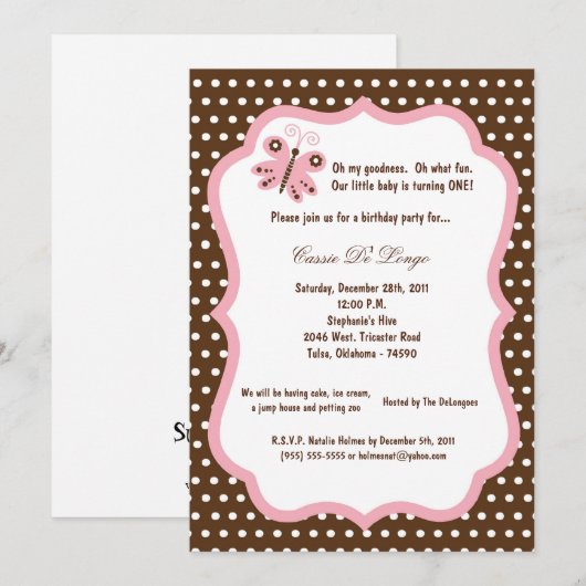 5 x7 Bruine Butterfly Birthday Party Invite Kaart (Voorkant / Achterkant)