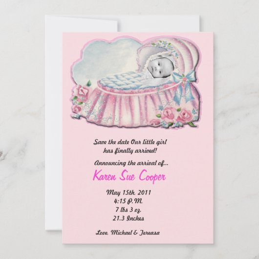 5 x 7 aankondiging FOTO Pink & Blue Basanet Birth (Voorkant)