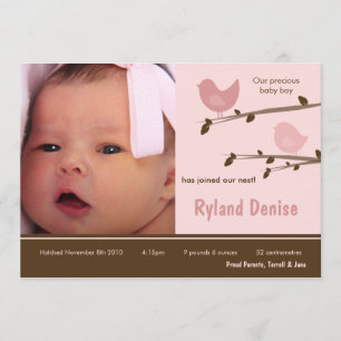 5 x 7 Baby Girl Pink Birds Foto geboorteaankondigi Aankondiging