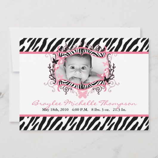 5 x 7 Butterfly Zebra Print Foto geboorteaankondig Aankondiging (Voorkant)