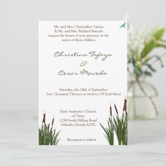 5 x 7 Faire-part de mariage Cattail/libellule en c (Debout devant)