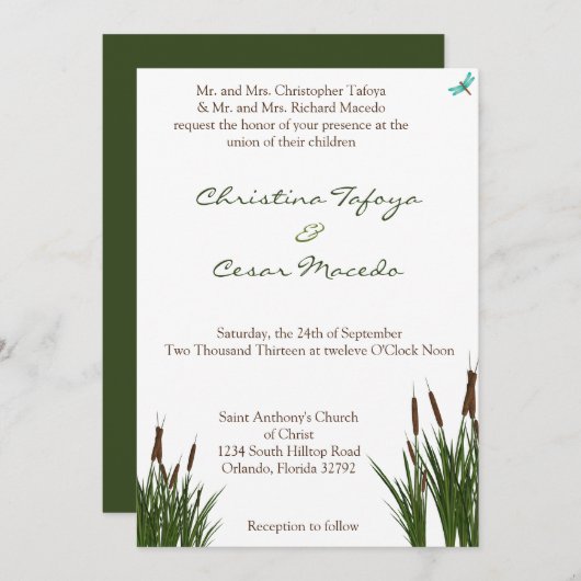 5 x 7 Faire-part de mariage Cattail/libellule en c (Devant / Derrière)