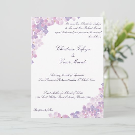 5 x 7 Faire-part de mariage Hydrangée violette Flo (Debout devant)