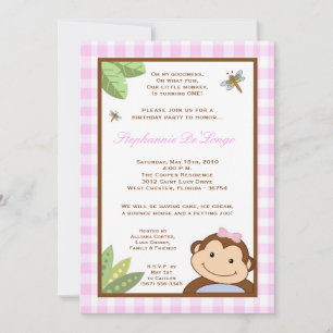 5 x 7 Girl Pin Papgayo Monkey Birthday Uitnodiging
