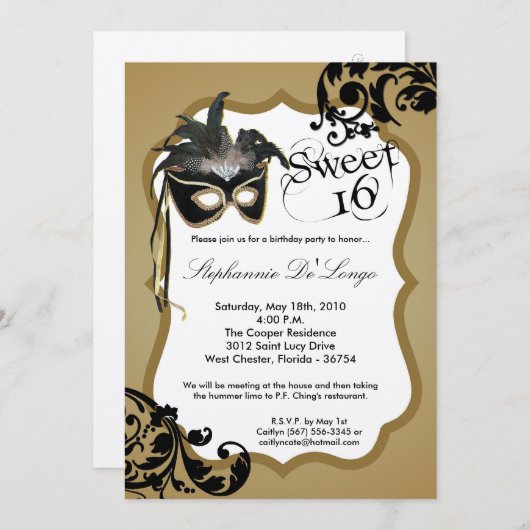 5 x 7 Gold Masquerade Masker 16 Birthday Uitnodigi Kaart (Voorkant / Achterkant)