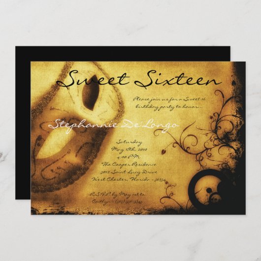5 x 7 Gold Masquerade Sweet 16 Birthday Invitation Kaart (Voorkant / Achterkant)