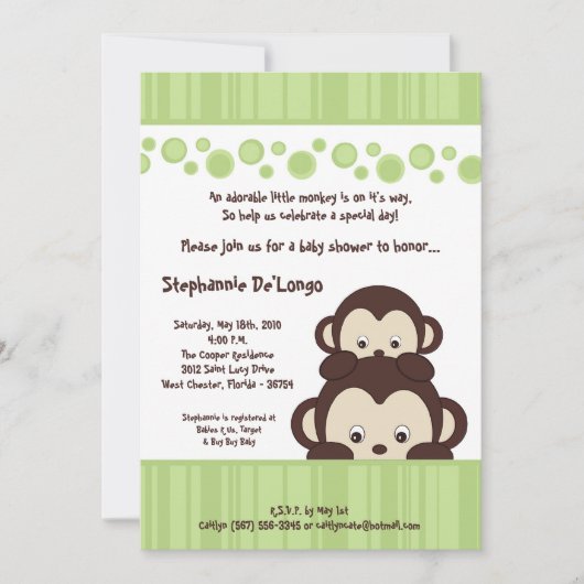 5 x 7 Green Pop Monkey Neutra Baby shower Invitati Kaart (Voorkant)