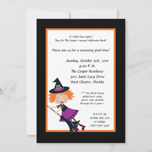 5 x 7 heks op uitnodiging van Broom Halloween Bash (Voorkant)