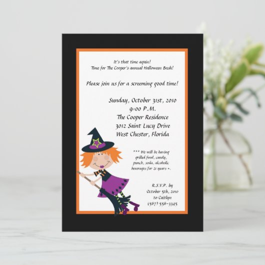 5 x 7 heks op uitnodiging van Broom Halloween Bash (Staand voorkant)