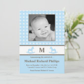 5 x 7 Jongen Blue Monogram FOTO Geboorteaankondigi Aankondiging (Staand voorkant)