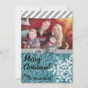 5 x 7 Kerstmis XMAS Blue Glitter Snowfla FOTO-kaar Feestdagenkaart