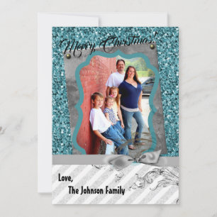 5 x 7 Kerstmis XMAS Blue Glitter Snowfla FOTO-kaar Feestdagenkaart