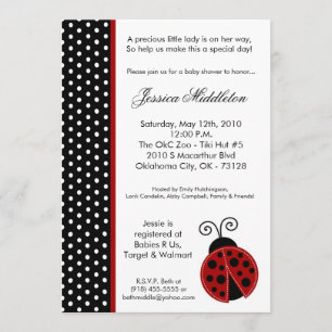 5 x 7 Lady Bug Black PolkaDot Baby shower Uitnodig Kaart