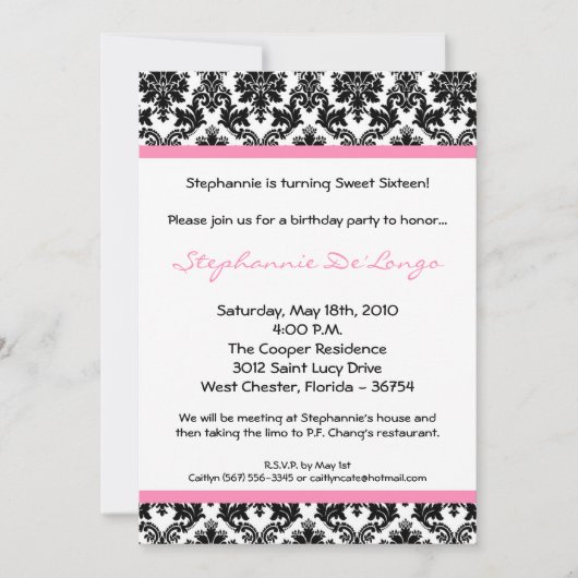 5 x 7 Light Pink Damask Birthday Party Invitation Kaart (Voorkant)