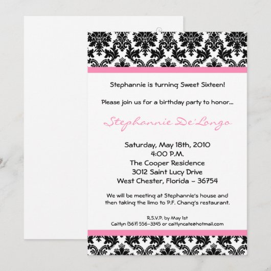 5 x 7 Light Pink Damask Birthday Party Invitation Kaart (Voorkant / Achterkant)