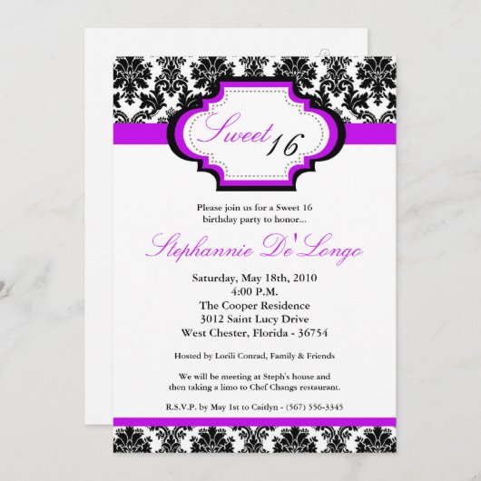 5 x 7 Paarse Damask Sweet 16 Birthday Invitation Kaart (Voorkant / Achterkant)