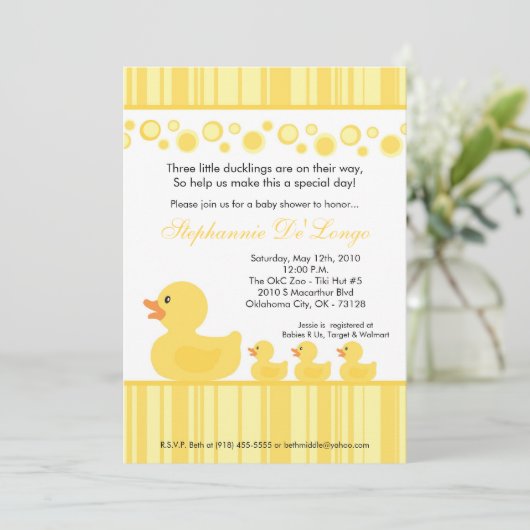 5 x 7 TRIPLETS Rubber Duck Baby shower Invitation Kaart (Staand voorkant)