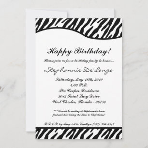 5 x 7 White & Black Zebra Birthday Party Invitatio Kaart