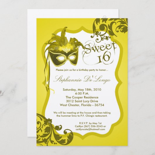 5 x 7 Yellow Masquerade Masker 16 Birthday Uitnodi Kaart (Voorkant / Achterkant)