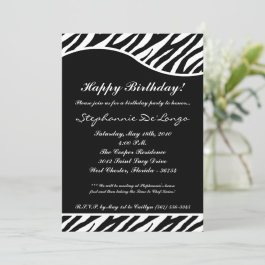 5 x 7 zwarte zebra Print Birthday party nodiging Kaart (Staand voorkant)