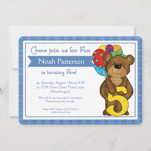 5e anniversaire Invitations de garçon Teddy Bear T (Devant)