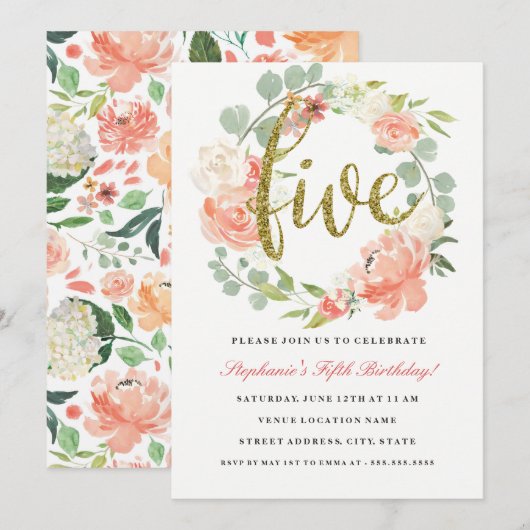 5e anniversaire Pink Gold Floral Wreath Invitation (Devant / Derrière)