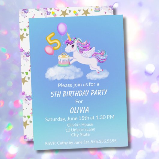5e anniversaire Unicorne avec invitation de gâteau