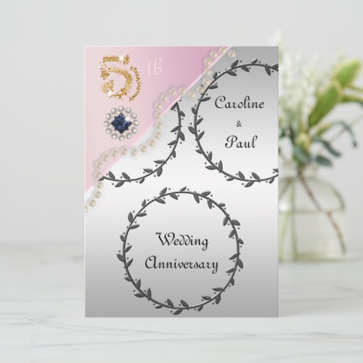 5e bruiloft Jubileum in reliëf zilver, Roos goud Kaart (Staand voorkant)