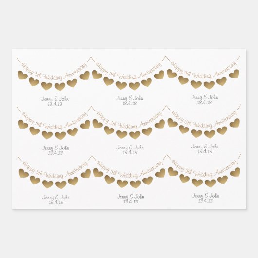 5e Hout bruiloft jubileum Hart Bunting Inpakpapier Vel (Voorkant)