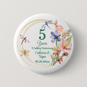 5e Houten Huwelijksjubileum Gouden Lijst Bloemen Ronde Button 5,7 Cm