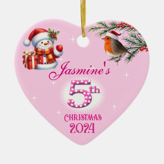 5e Kerst Gepersonaliseerde Meisje Hart Keepsake Keramisch Ornament (Voorkant)