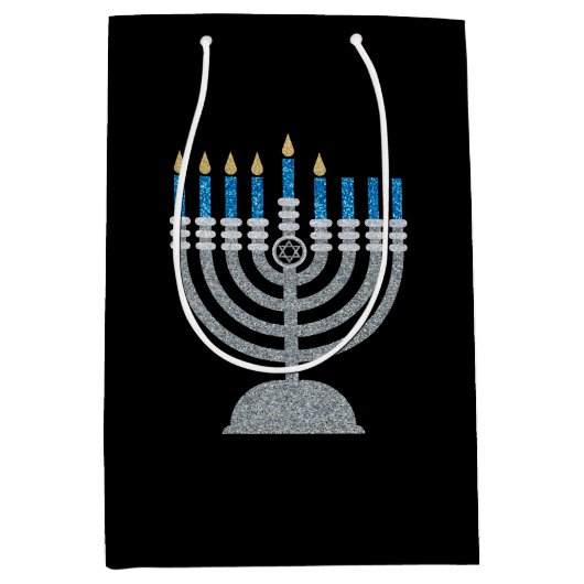 5e nacht van Hanukkah Glitter Medium Gift Bag Medium Cadeauzakje (Voorkant)