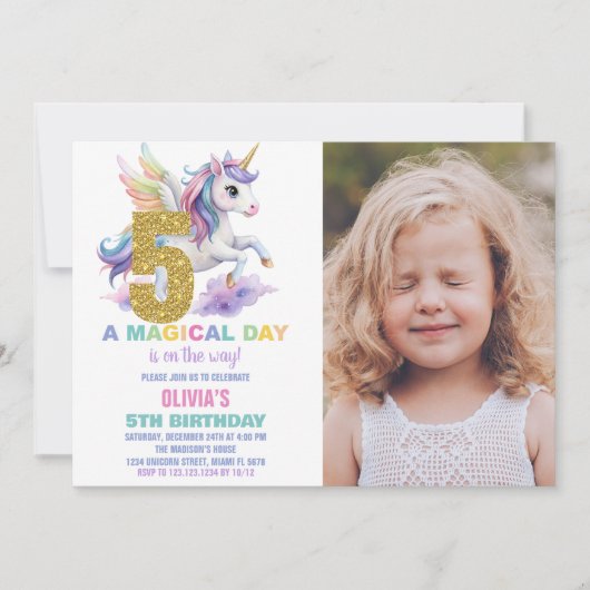 5e Rainbow Unicorn Invitations Anniversaire avec p (Devant)