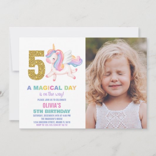 5e Rainbow Unicorn Invitations Anniversaire avec p (Devant)