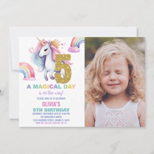 5e Rainbow Unicorn Invitations Anniversaire avec p (Devant)